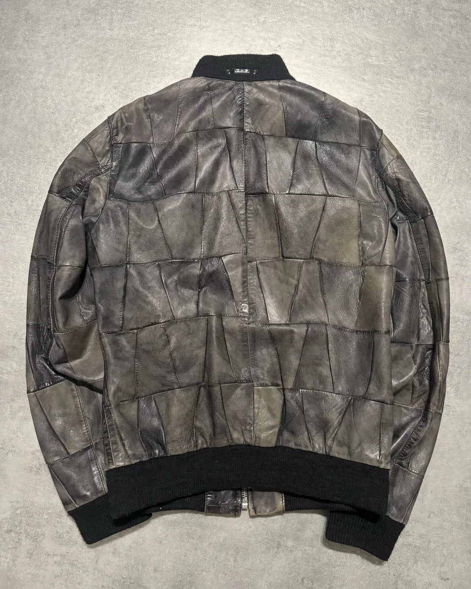 2000s Dolce & Gabbana Grey Faded Patchwork Leather Zip-up Jacket (L) 1