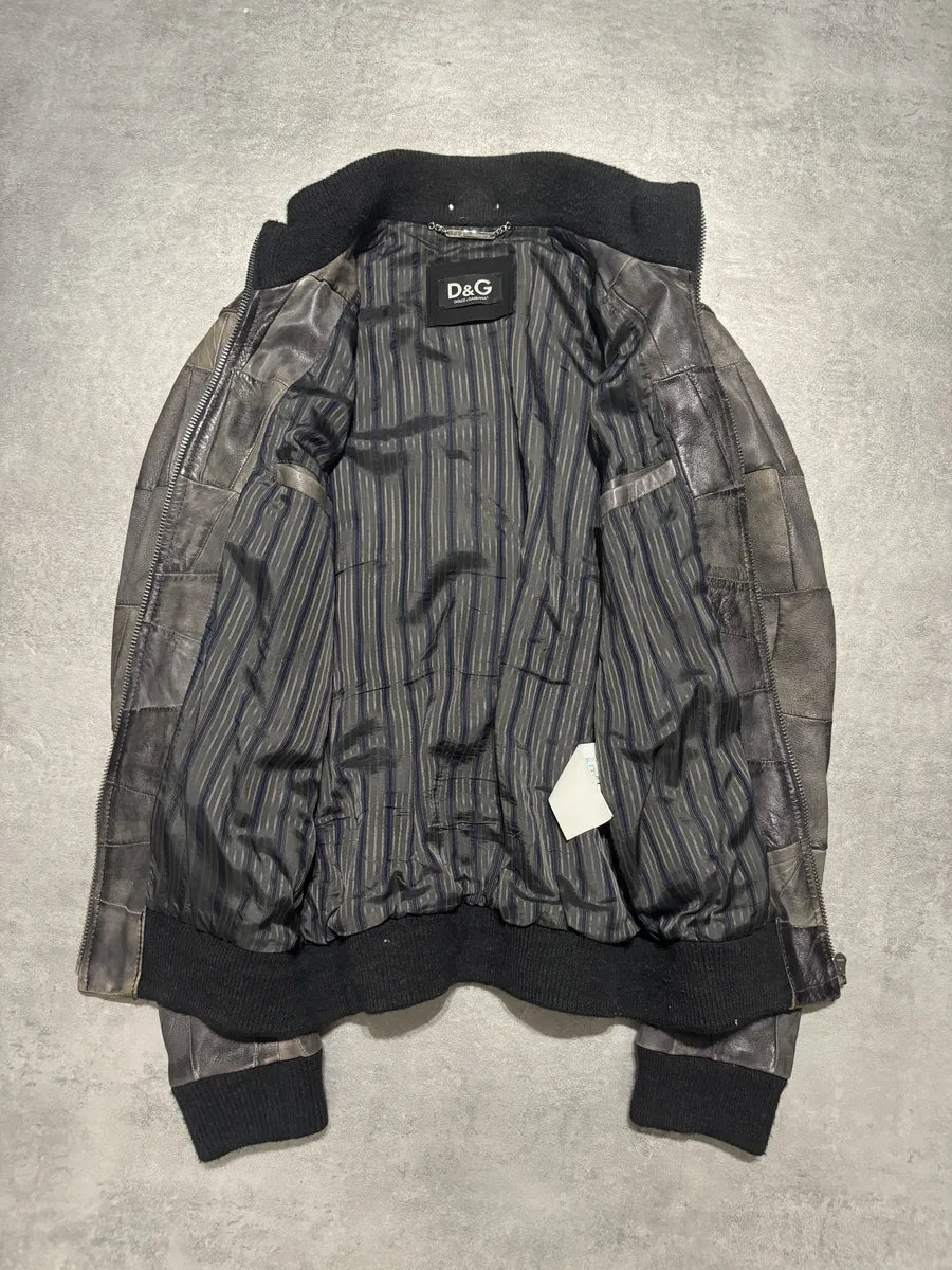 2000s Dolce & Gabbana Grey Faded Patchwork Leather Zip-up Jacket (L) 2