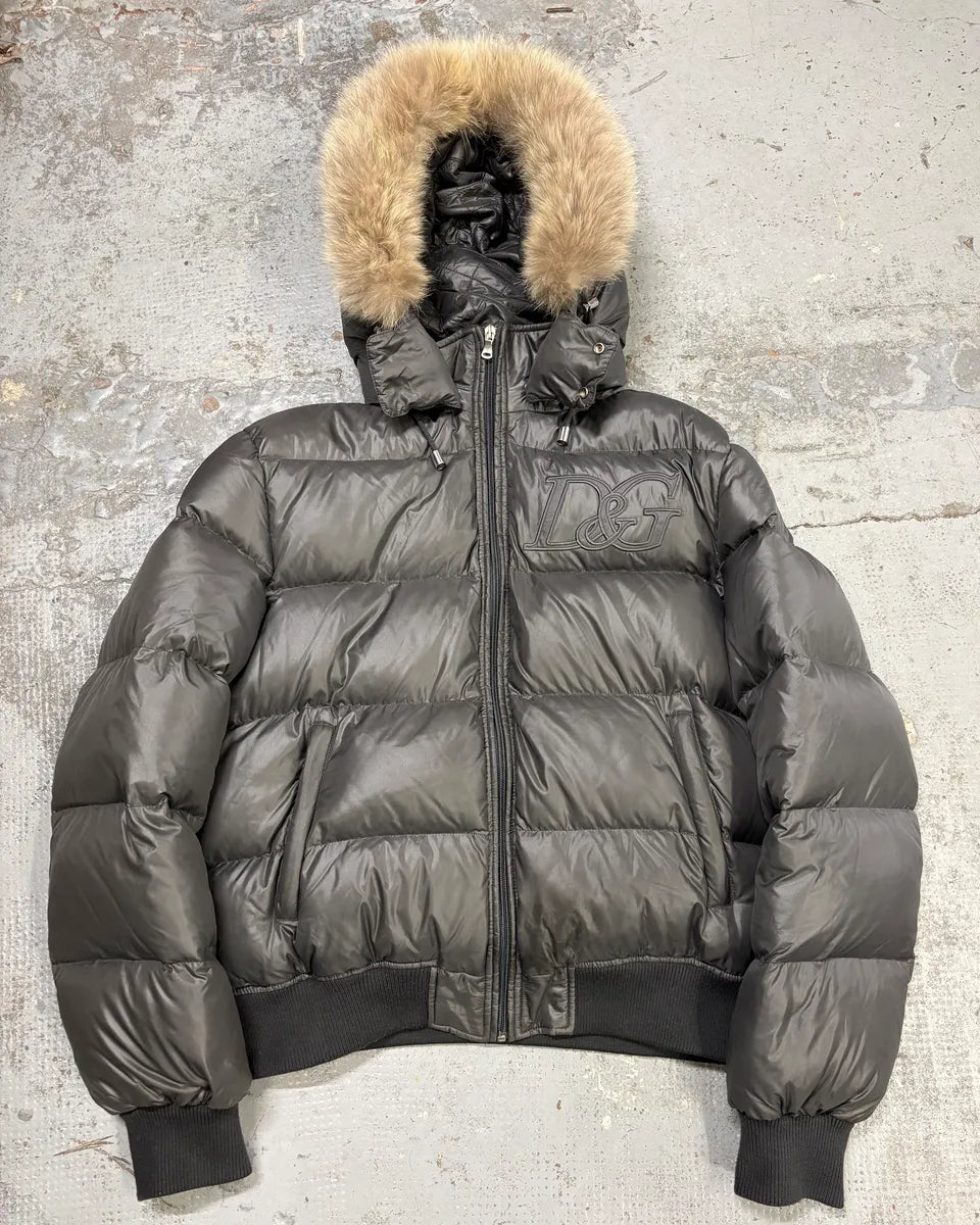 2000s Dolce & Gabbana Grey Fur Hooded Puffer Jacket KZkaXPH 0