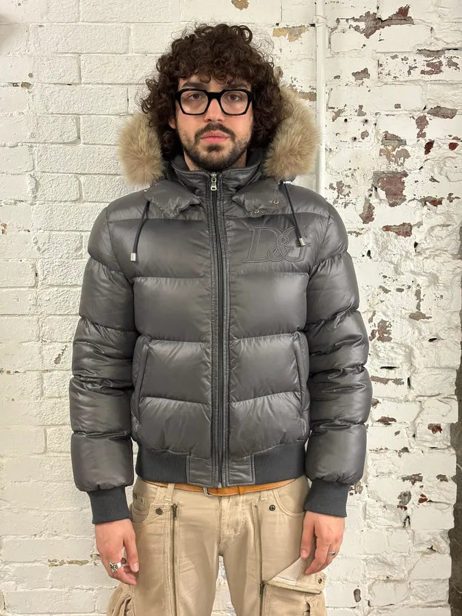 2000s Dolce & Gabbana Grey Fur Hooded Puffer Jacket KZkaXPH 1