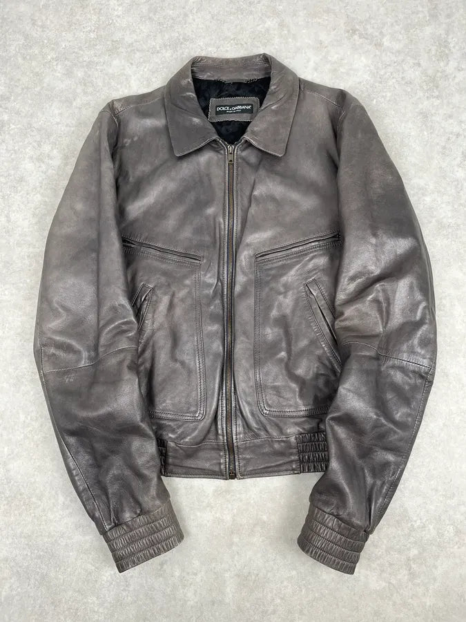 2000s Dolce & Gabbana Grey Lambskin Leather Jacket tHJmjGz 0