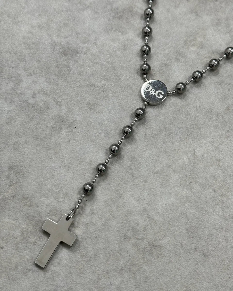 2000s Dolce & Gabbana Grey Metal Beaded Cross Rosary Chain UDBcxnD 3