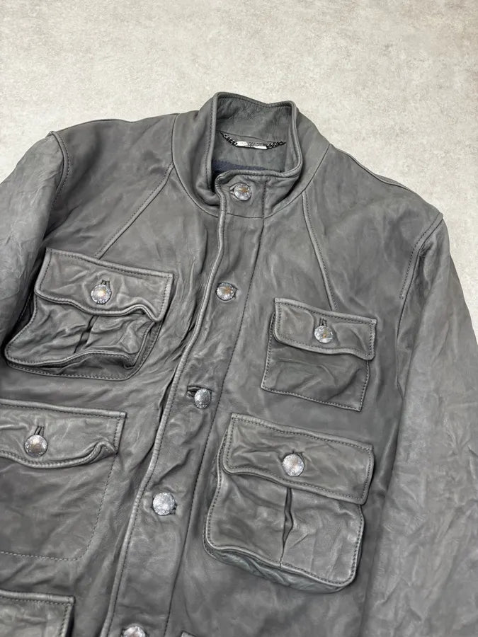 AW2006 Dolce & Gabbana Grey Multi-Pocket Leather Jacket funKcBQ 5
