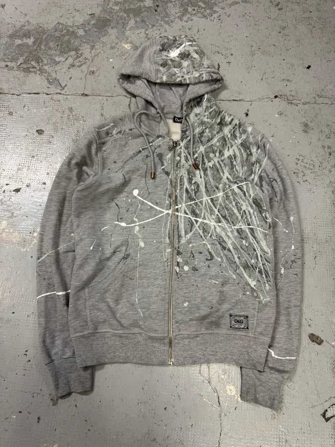 2000s Dolce & Gabbana Grey Painted Zip-up Hoodie bfLxeEn 0