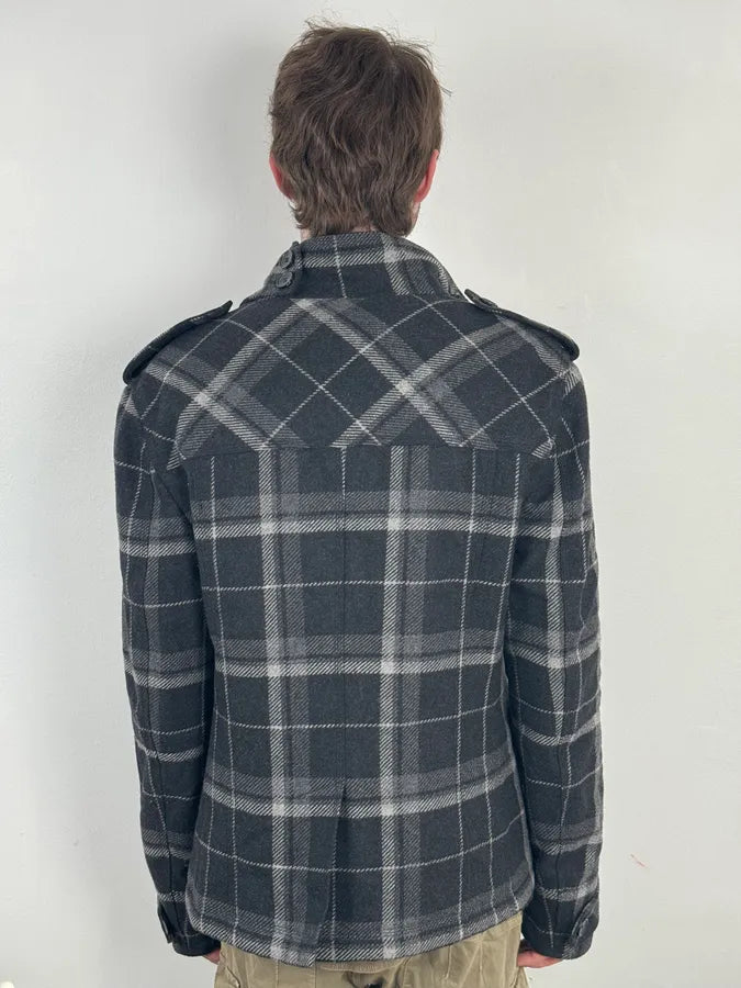 2000s Dolce & Gabbana Grey Tartan Checkered Officer Caban Jacket qmVoiPc 2