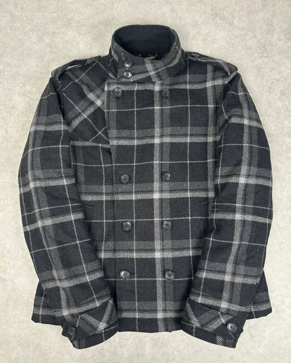 2000s Dolce & Gabbana Grey Tartan Checkered Officer Caban Jacket qmVoiPc 0