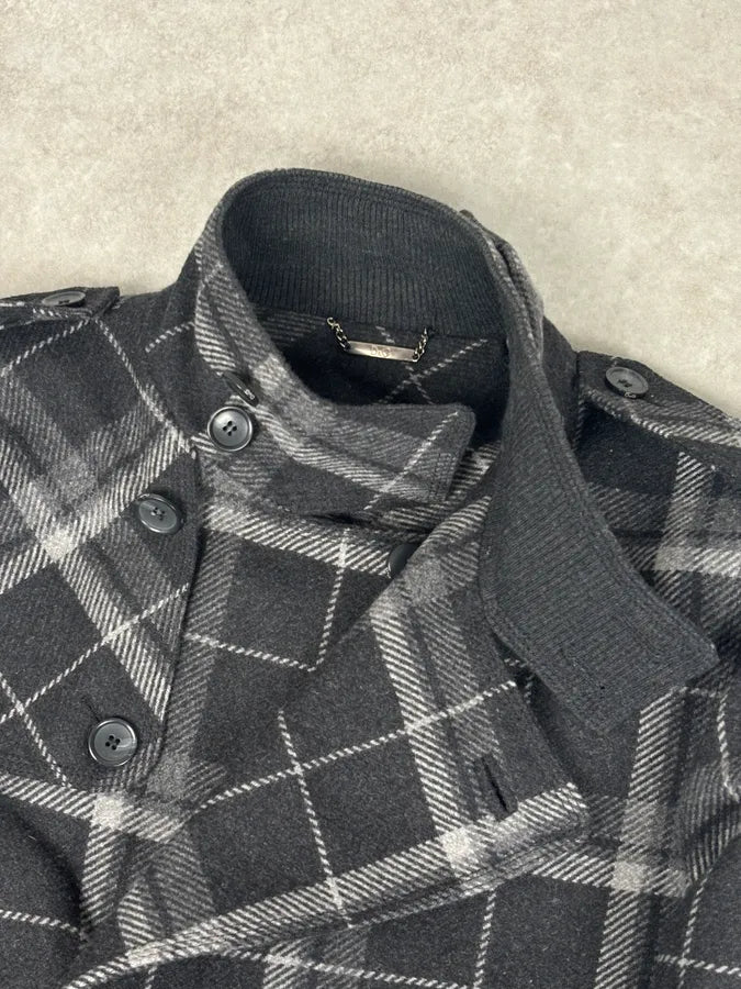 2000s Dolce & Gabbana Grey Tartan Checkered Officer Caban Jacket qmVoiPc 7