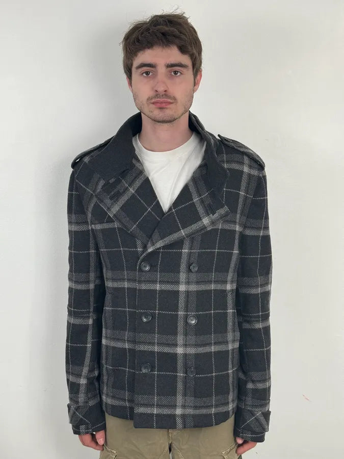 2000s Dolce & Gabbana Grey Tartan Checkered Officer Caban Jacket qmVoiPc 1