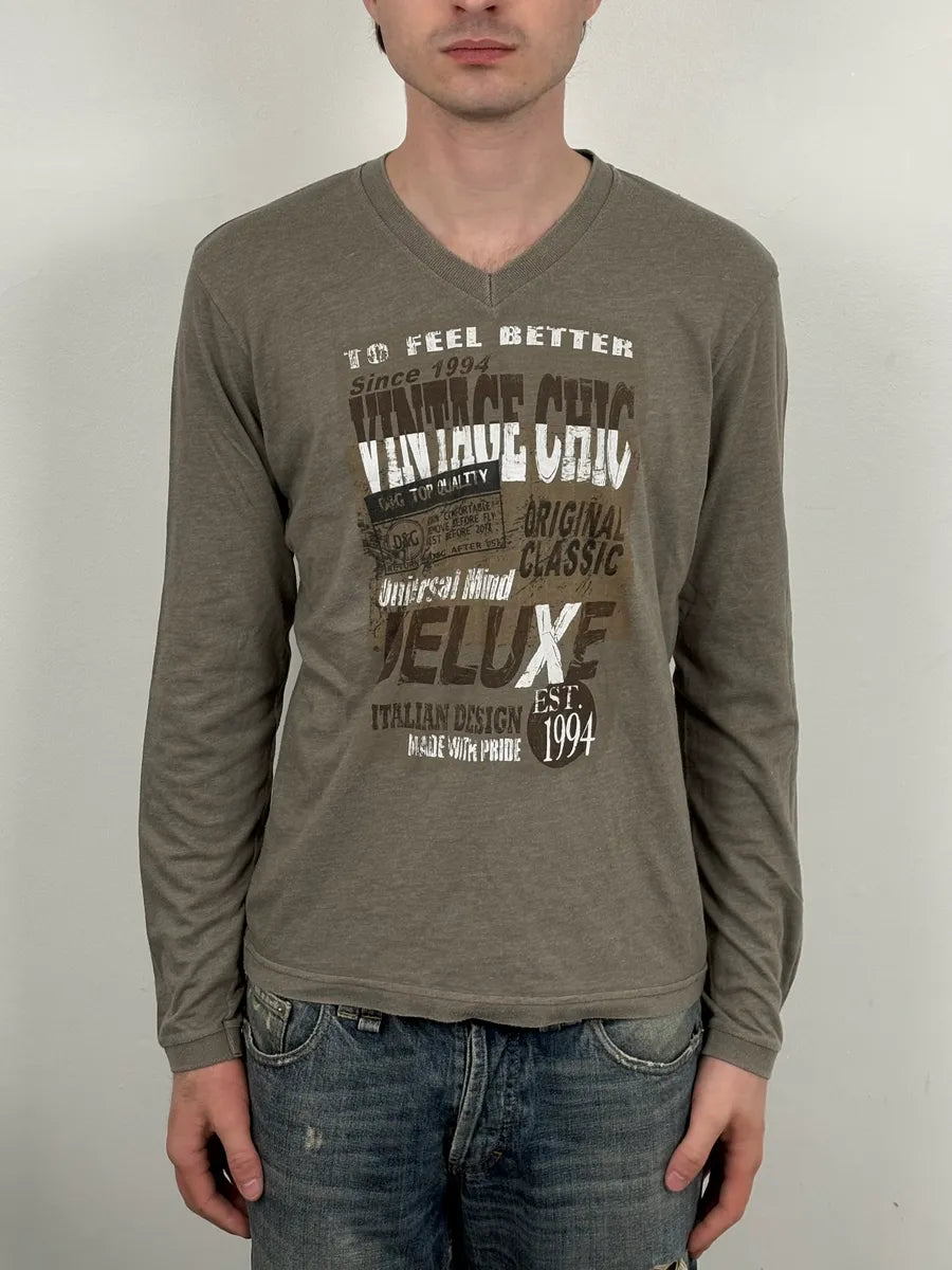 2000s Dolce & Gabbana Grey V-Neck Deluxe Longsleeve T-Shirt unPeTAF 1