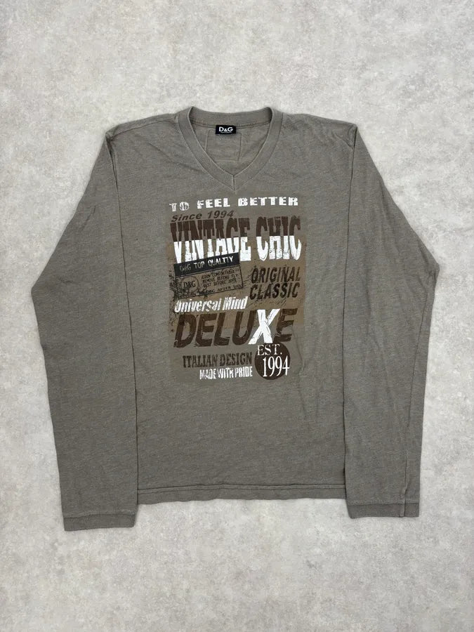 2000s Dolce & Gabbana Grey V-Neck Deluxe Longsleeve T-Shirt unPeTAF 0