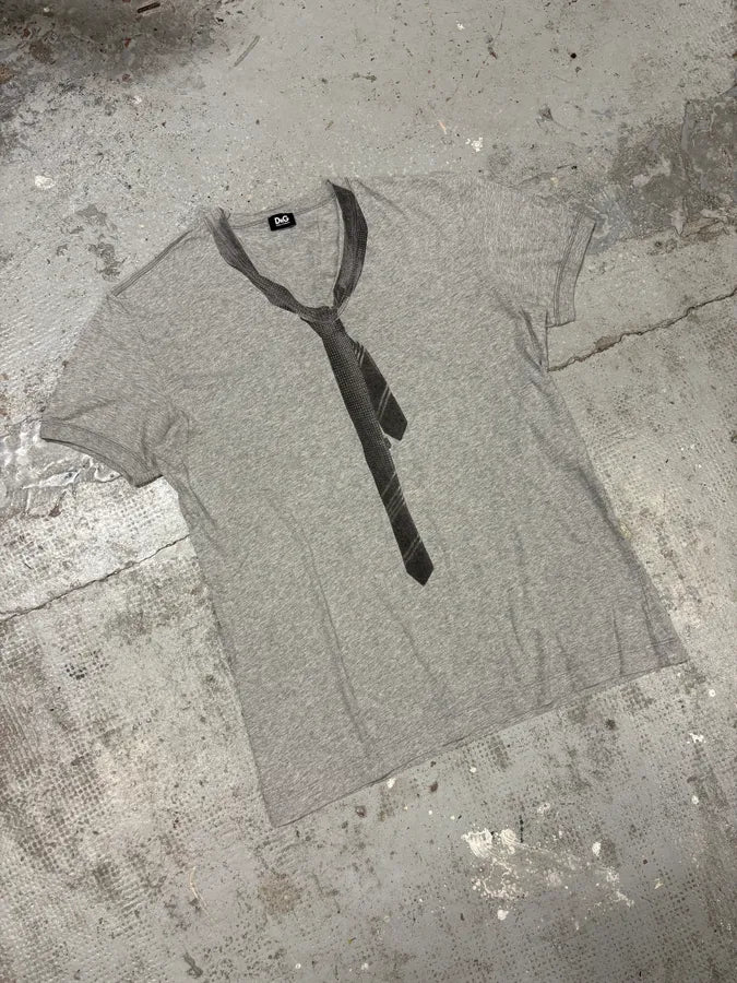 2000s Dolce & Gabbana Grey V Neck Trompe L’oeil Tie T-Shirt jNoreYA 3