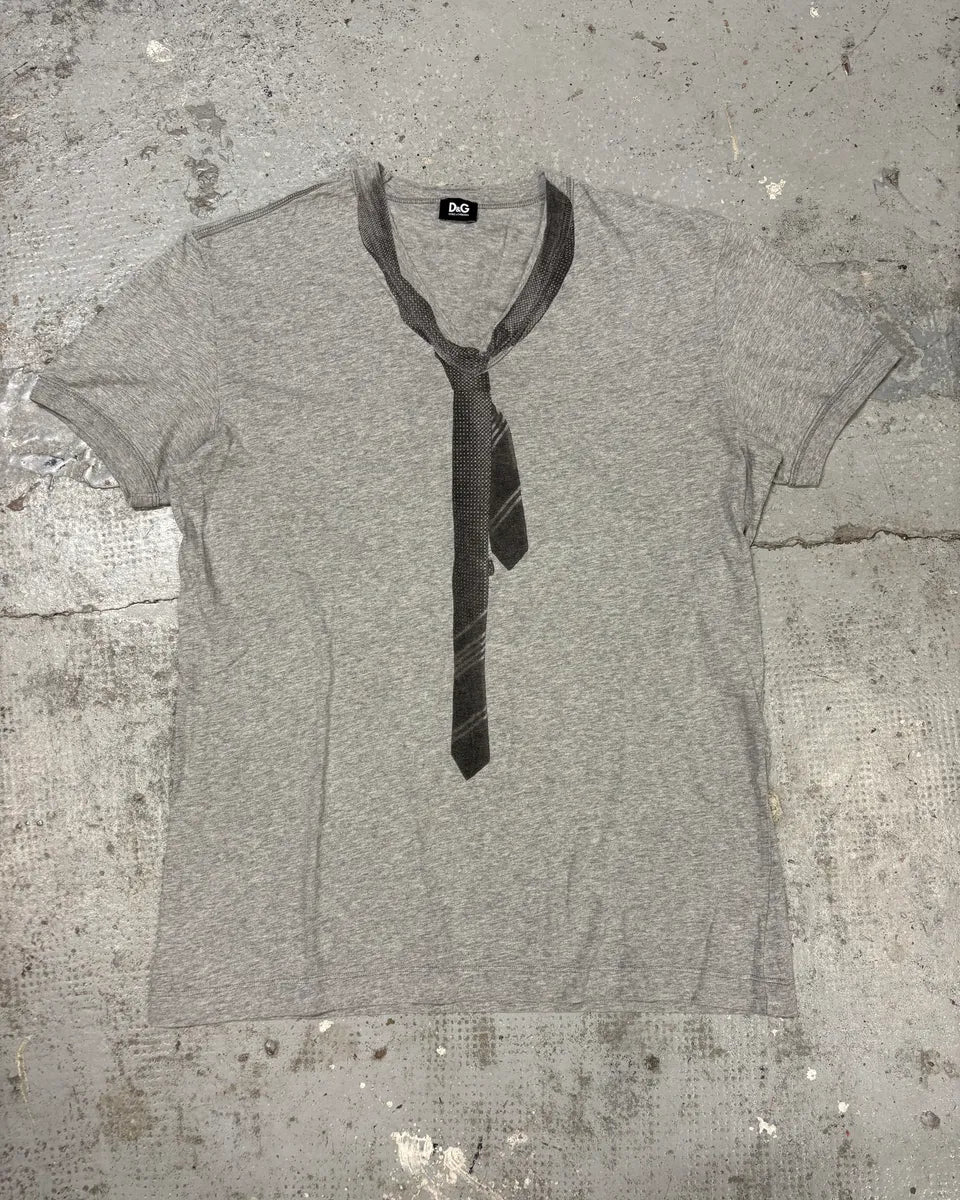 2000s Dolce & Gabbana Grey V Neck Trompe L’oeil Tie T-Shirt jNoreYA 0