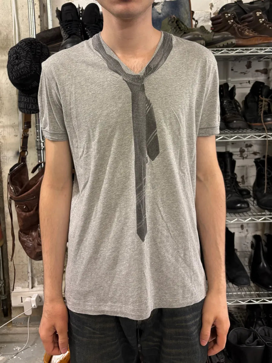 2000s Dolce & Gabbana Grey V Neck Trompe L’oeil Tie T-Shirt jNoreYA 1