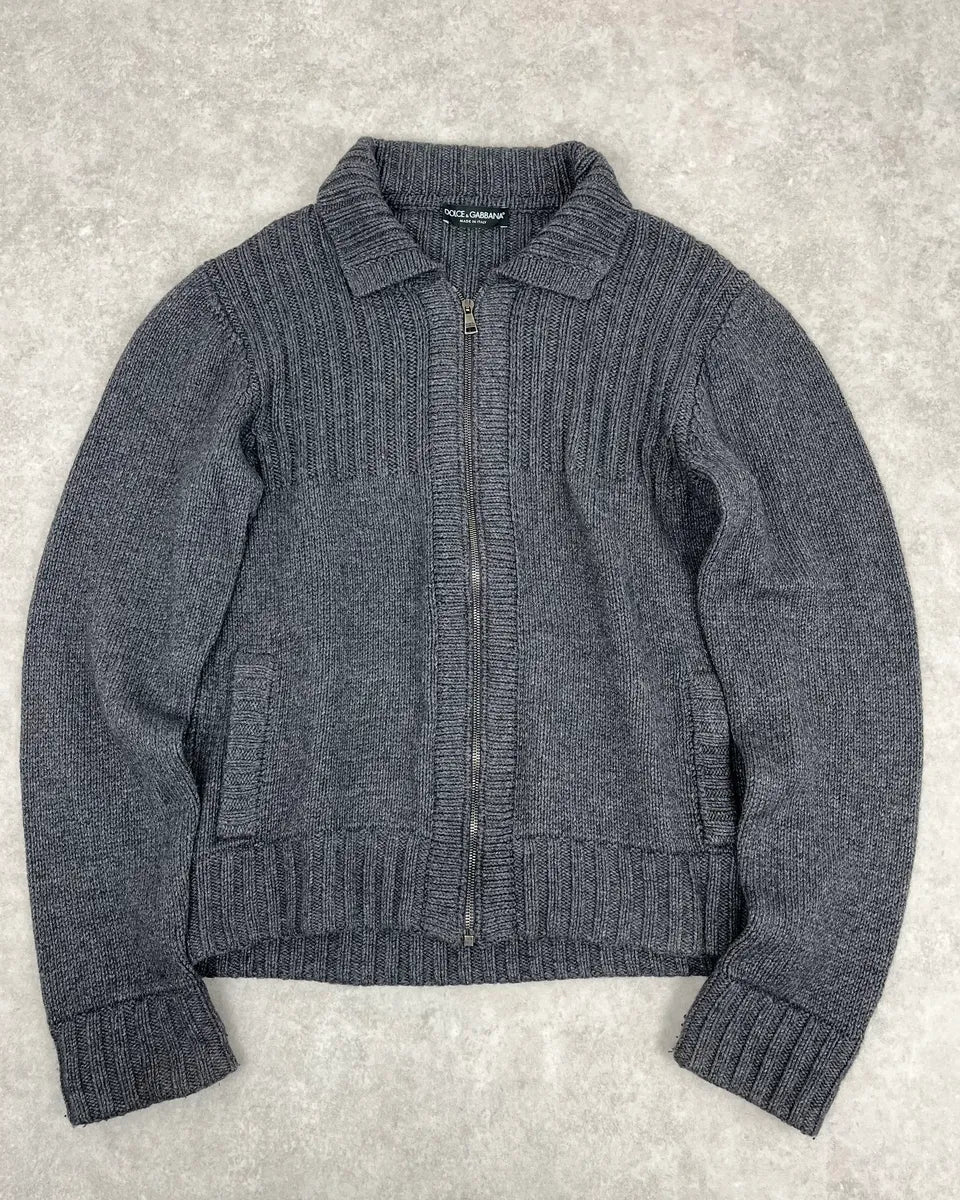 2000s Dolce & Gabbana Grey Wool Minimalist Zip-up Sweater HTubiqA 0