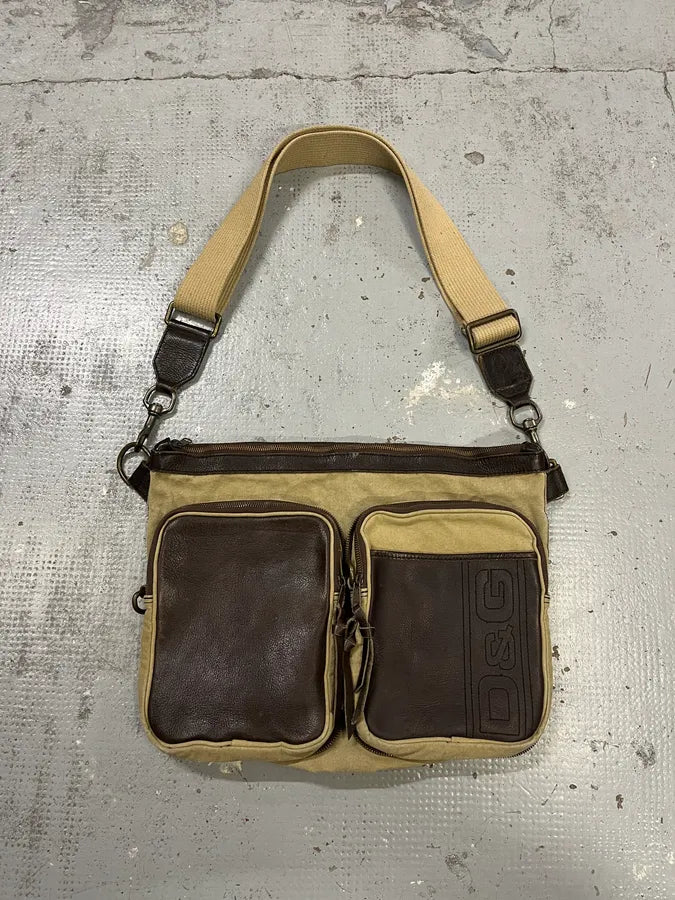 2000s Dolce & Gabbana Hybrid Brown Leather Beige Canva Shoulder Bag TXYTfAZ 0
