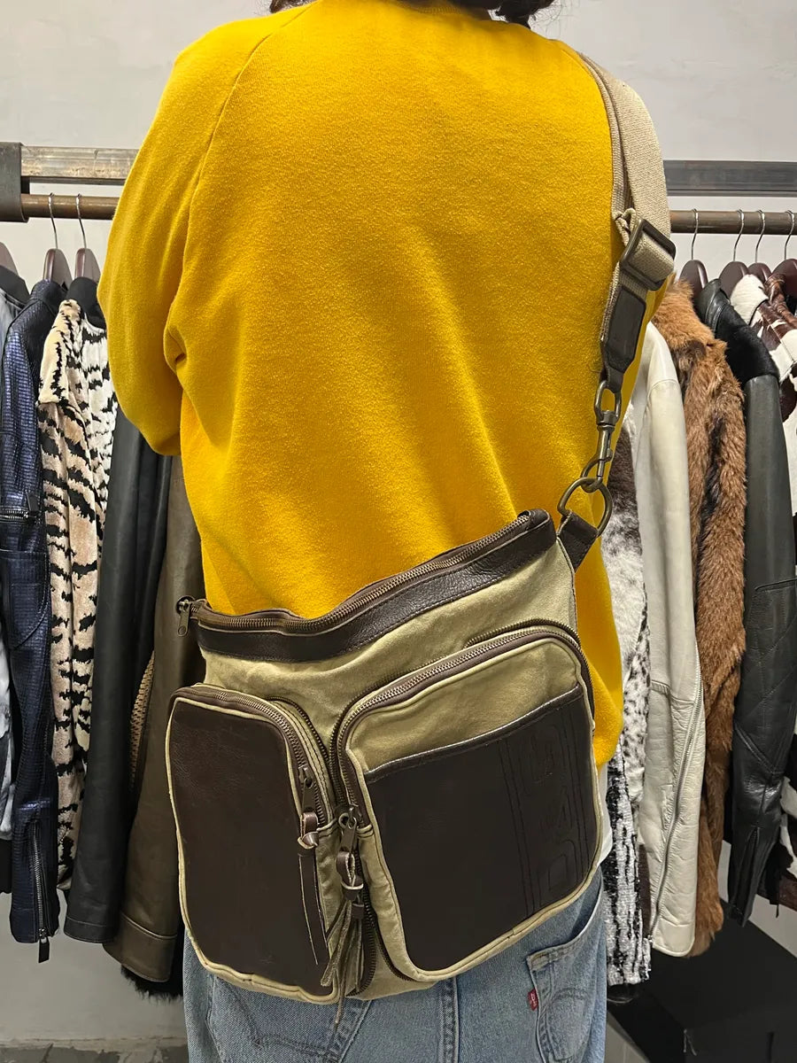 2000s Dolce & Gabbana Hybrid Brown Leather Beige Canva Shoulder Bag TXYTfAZ 2