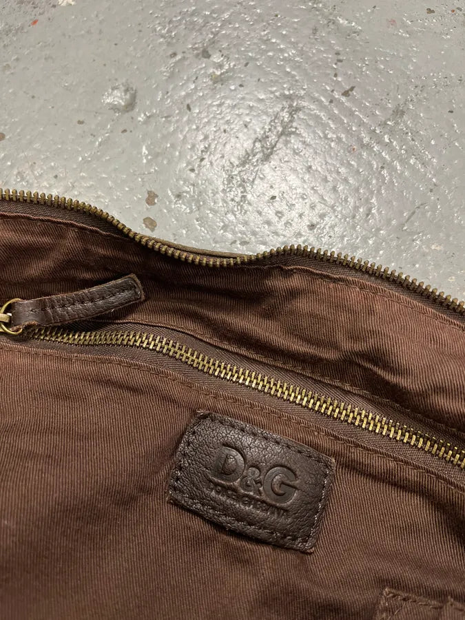 2000s Dolce & Gabbana Hybrid Brown Leather Beige Canva Shoulder Bag TXYTfAZ 8