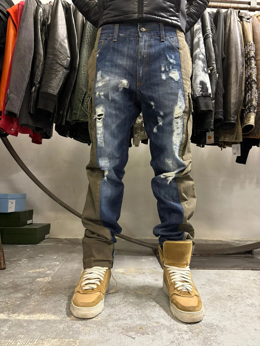2000s Dolce & Gabbana Hyrbid Khaki Cargo Destroyed Blue Denim Pants vRvuicM 1