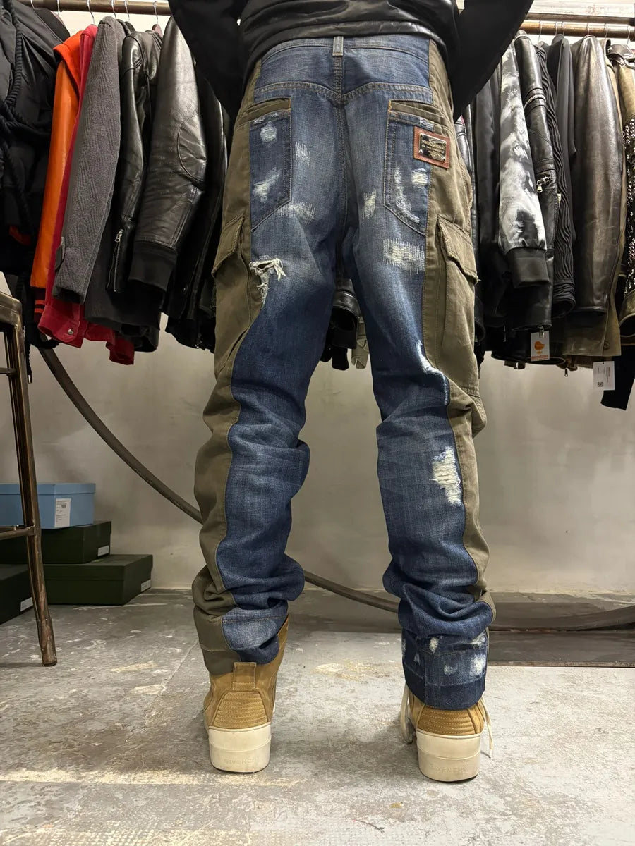 2000s Dolce & Gabbana Hyrbid Khaki Cargo Destroyed Blue Denim Pants vRvuicM 2