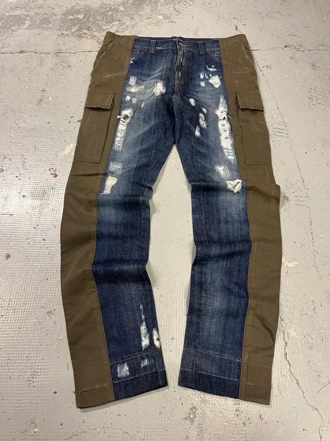 2000s Dolce & Gabbana Hyrbid Khaki Cargo Destroyed Blue Denim Pants vRvuicM 3