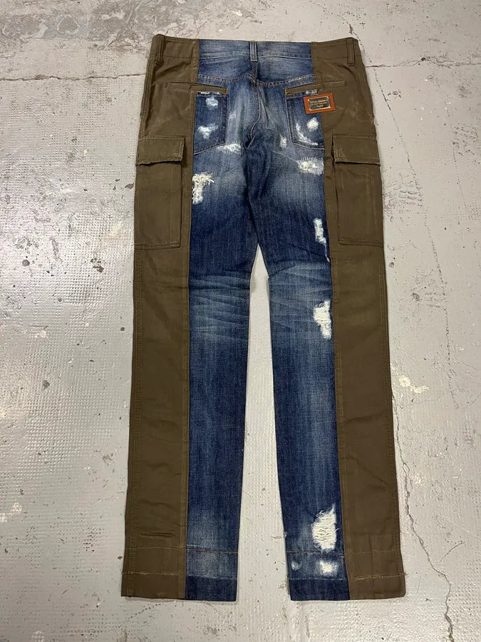 2000s Dolce & Gabbana Hyrbid Khaki Cargo Destroyed Blue Denim Pants vRvuicM 4