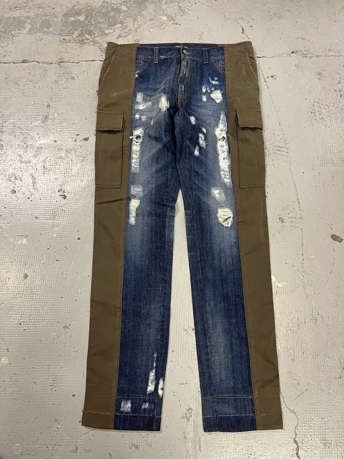 2000s Dolce & Gabbana Hyrbid Khaki Cargo Destroyed Blue Denim Pants vRvuicM 5