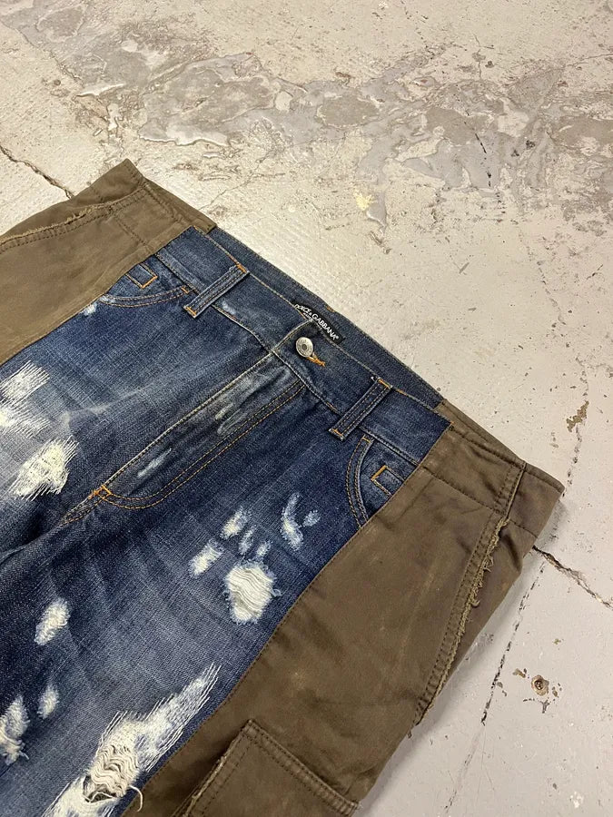 2000s Dolce & Gabbana Hyrbid Khaki Cargo Destroyed Blue Denim Pants vRvuicM 6