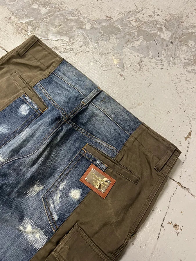 2000s Dolce & Gabbana Hyrbid Khaki Cargo Destroyed Blue Denim Pants vRvuicM 8