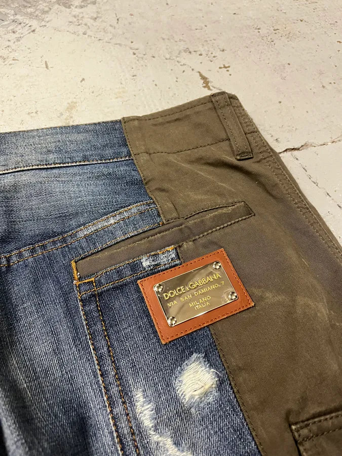 2000s Dolce & Gabbana Hyrbid Khaki Cargo Destroyed Blue Denim Pants vRvuicM 9