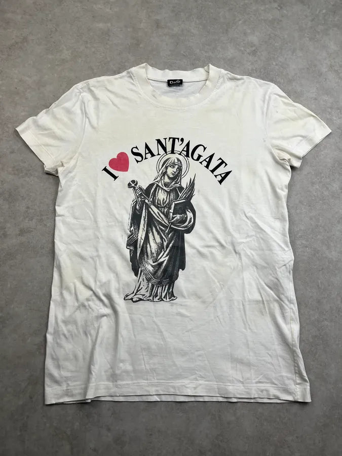 2000s Dolce & Gabbana I Love SantAgata Distressed White T-Shirt HwWnPkW 0