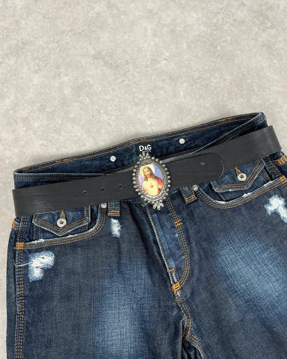 2000s Dolce & Gabbana Jesus Buckle Black Leather Belt UiJhTbD 0