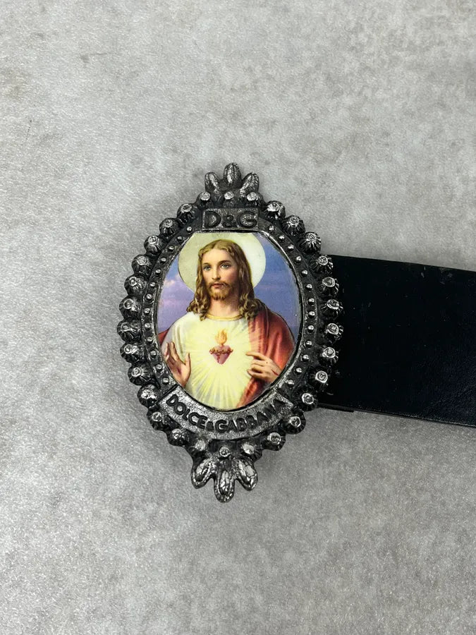 2000s Dolce & Gabbana Jesus Buckle Black Leather Belt UiJhTbD 4