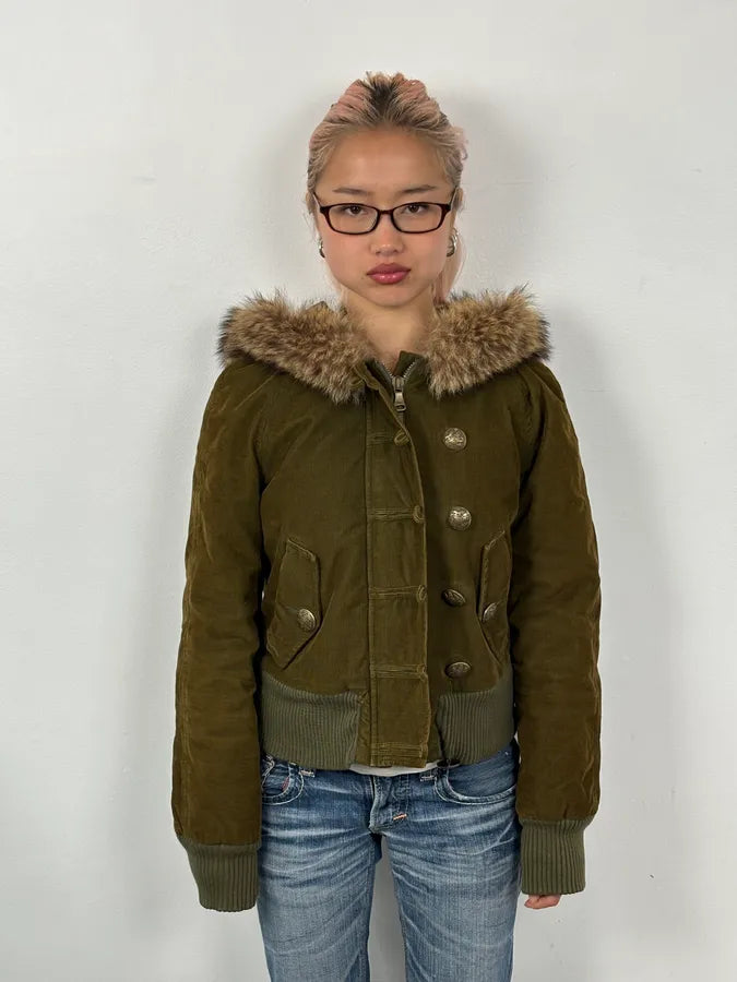 2000s Dolce & Gabbana Khaki Corduroy Fur Hooded Buttoned Jacket eJuLyrq 0