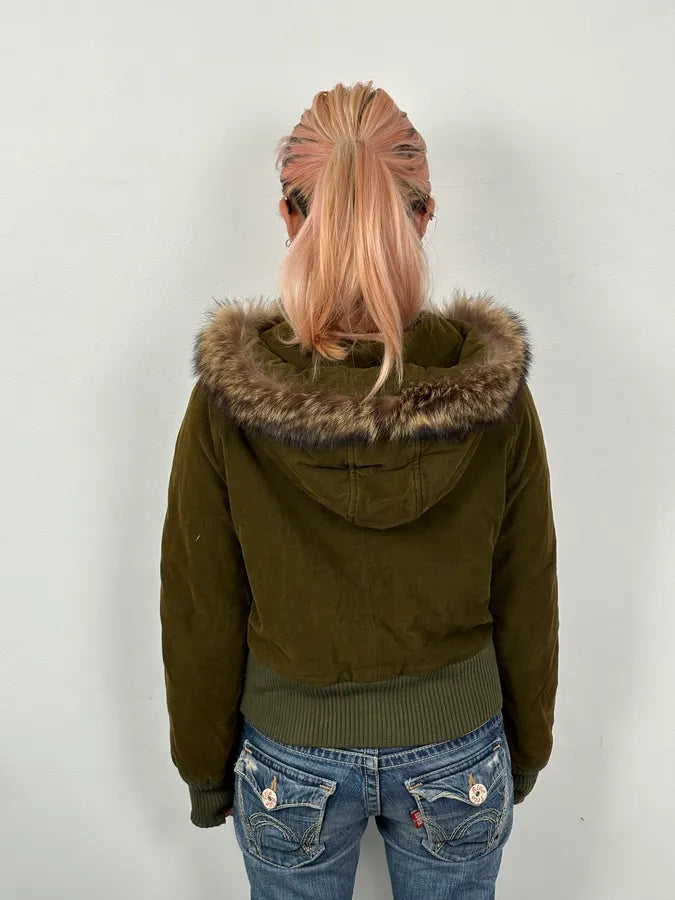 2000s Dolce & Gabbana Khaki Corduroy Fur Hooded Buttoned Jacket eJuLyrq 1