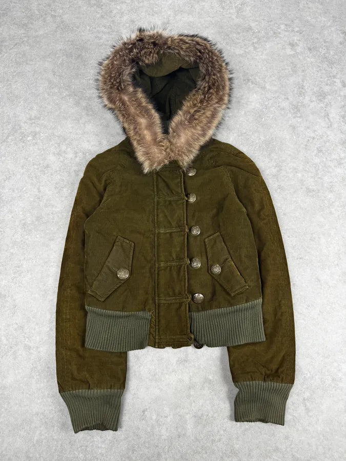 2000s Dolce & Gabbana Khaki Corduroy Fur Hooded Buttoned Jacket eJuLyrq 2