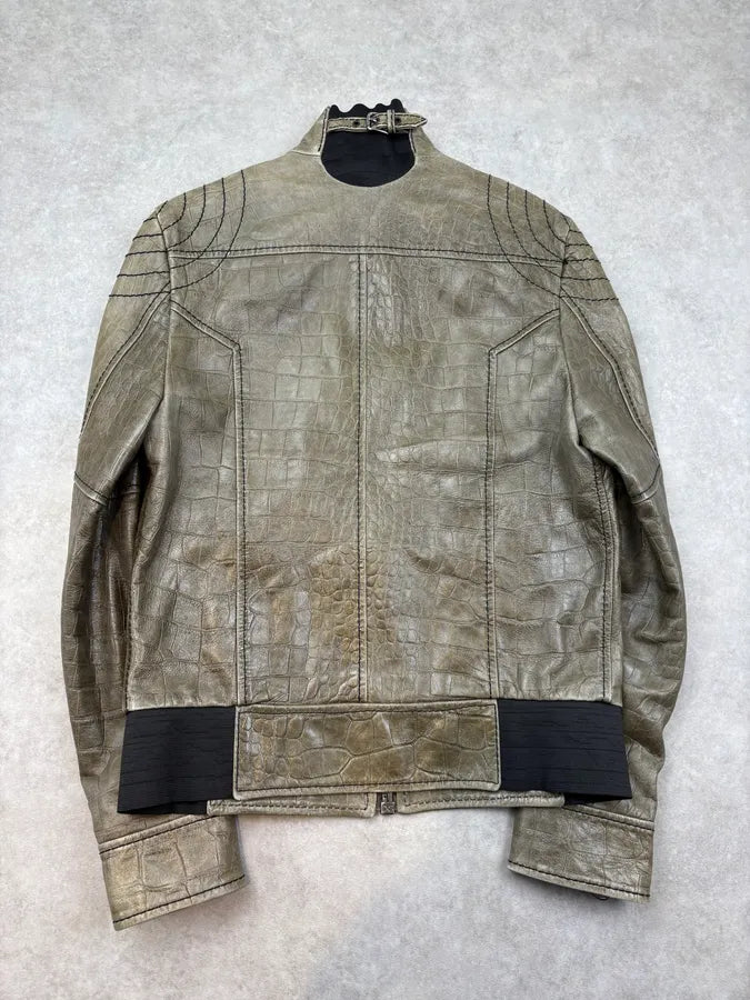 2000s Dolce & Gabbana Khaki Crocodile Embossed Leather Jacket NfMghrw 5