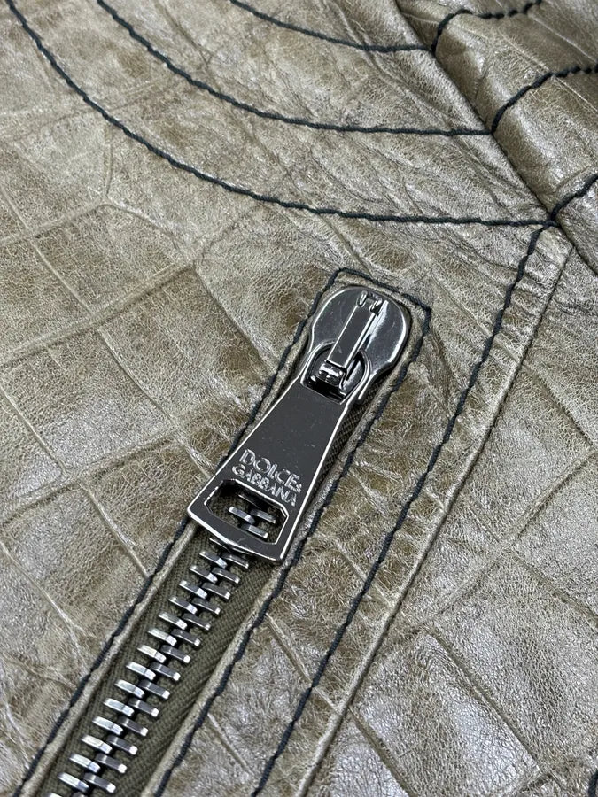 2000s Dolce & Gabbana Khaki Crocodile Embossed Leather Jacket NfMghrw 10