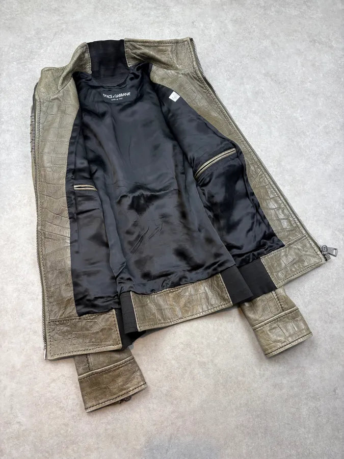 2000s Dolce & Gabbana Khaki Crocodile Embossed Leather Jacket NfMghrw 6