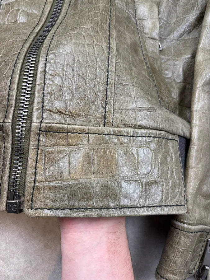 2000s Dolce & Gabbana Khaki Crocodile Embossed Leather Jacket NfMghrw 9