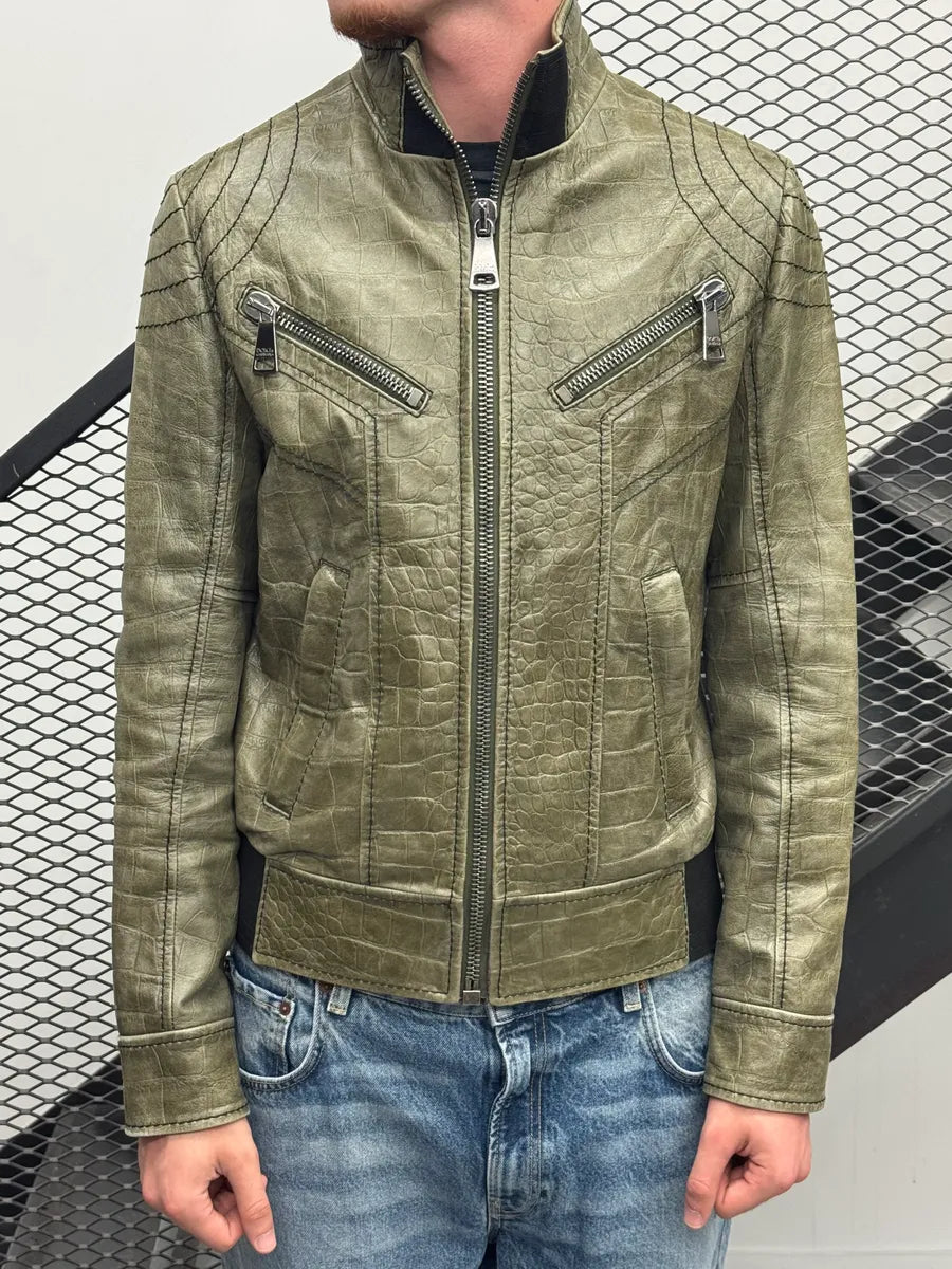 2000s Dolce & Gabbana Khaki Crocodile Embossed Leather Jacket NfMghrw 1