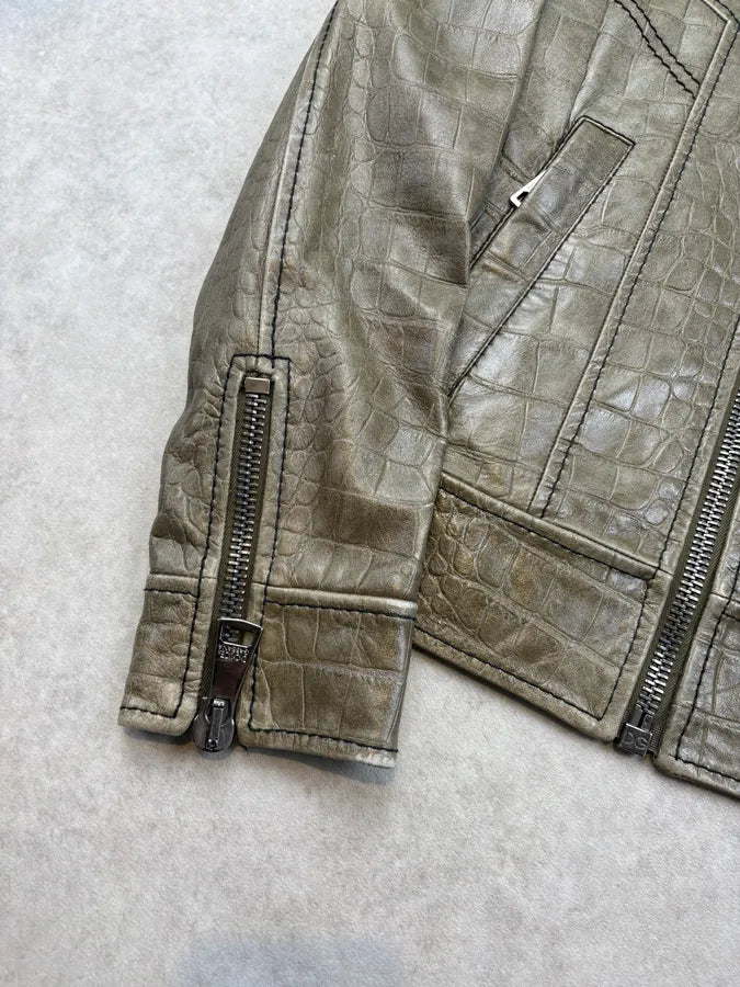 2000s Dolce & Gabbana Khaki Crocodile Embossed Leather Jacket NfMghrw 7