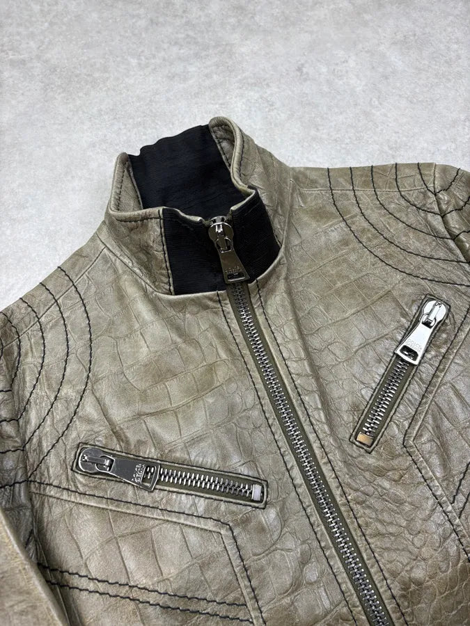 2000s Dolce & Gabbana Khaki Crocodile Embossed Leather Jacket NfMghrw 4