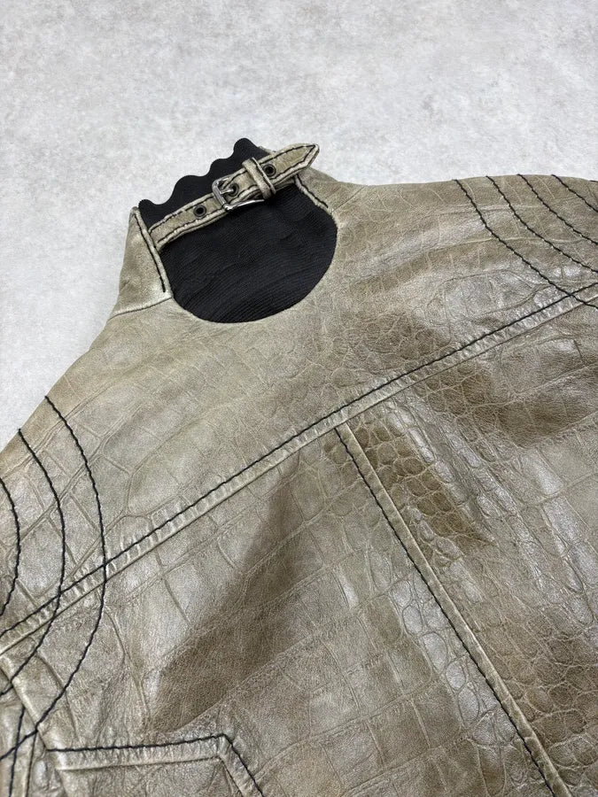2000s Dolce & Gabbana Khaki Crocodile Embossed Leather Jacket NfMghrw 8
