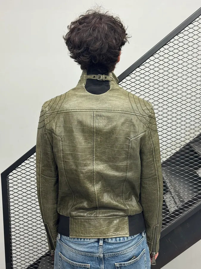 2000s Dolce & Gabbana Khaki Crocodile Embossed Leather Jacket NfMghrw 2