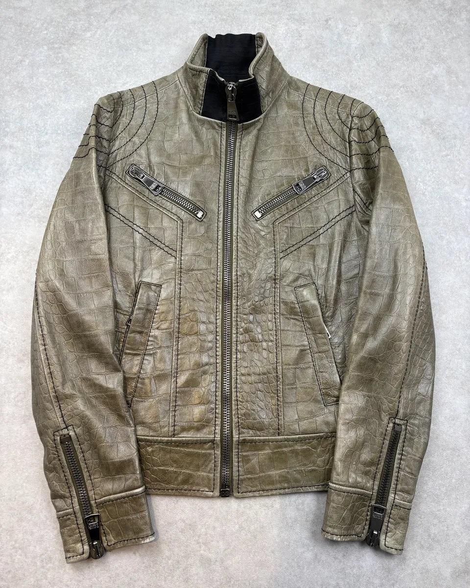2000s Dolce & Gabbana Khaki Crocodile Embossed Leather Jacket NfMghrw 0