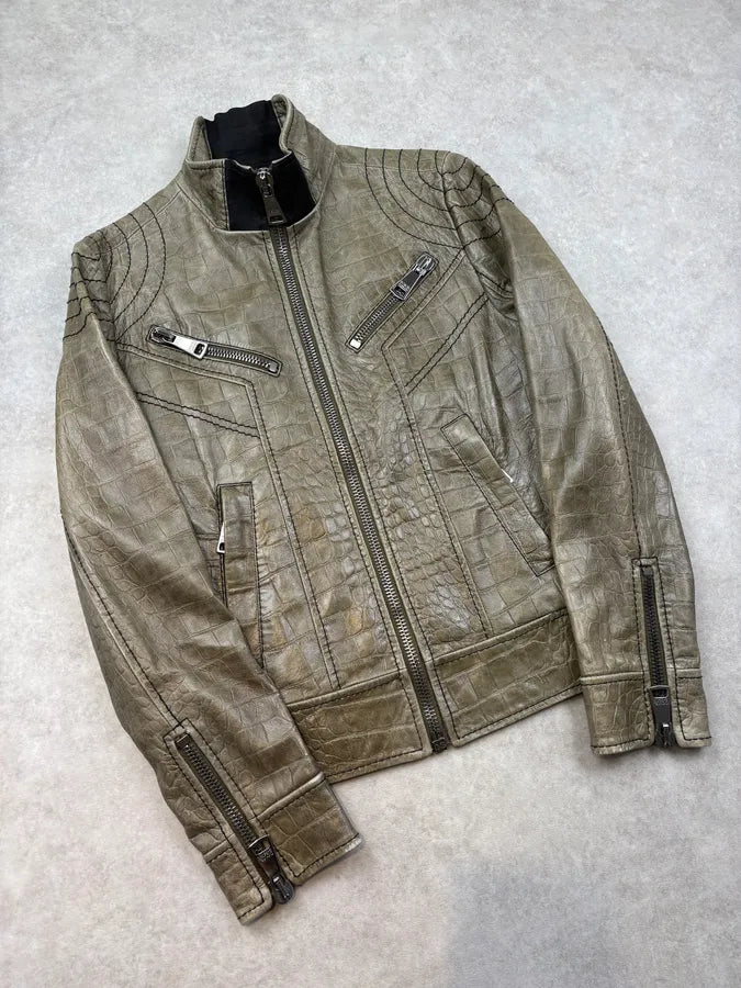 2000s Dolce & Gabbana Khaki Crocodile Embossed Leather Jacket NfMghrw 3