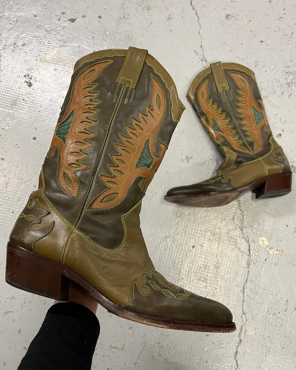 2000s Dolce & Gabbana Khaki Leather Embroidered Cowboy Santiags Boots WgDqEoA 0