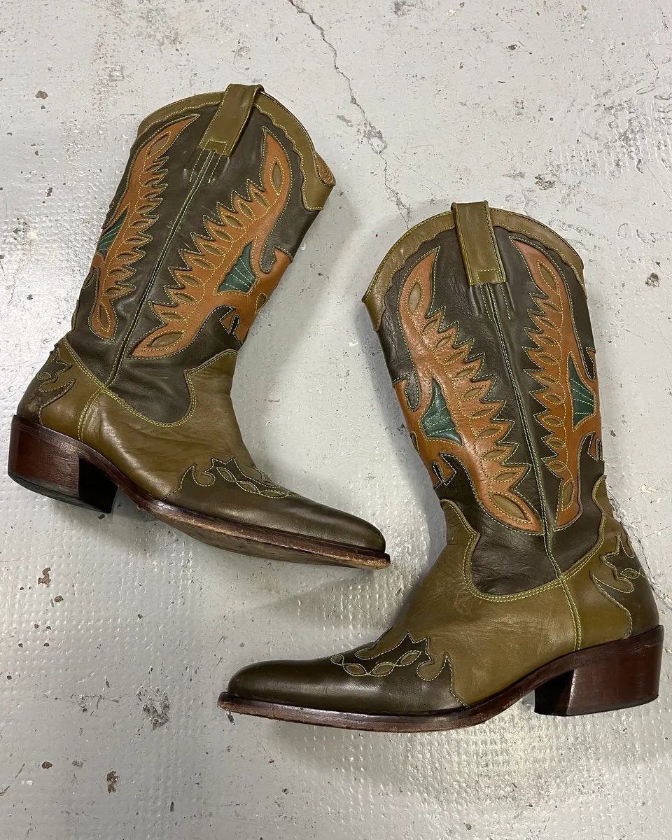 2000s Dolce & Gabbana Khaki Leather Embroidered Cowboy Santiags Boots WgDqEoA 1