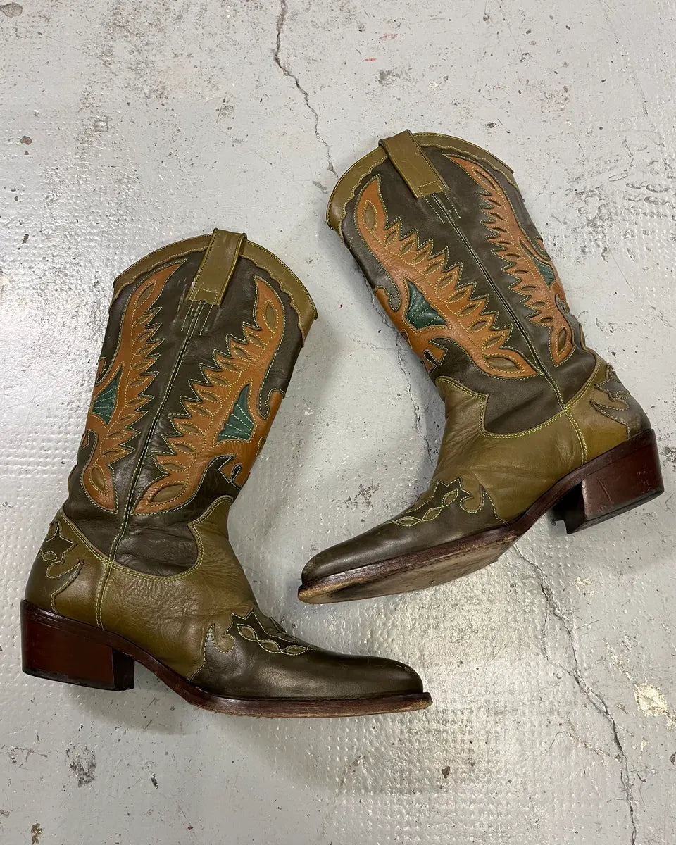 2000s Dolce & Gabbana Khaki Leather Embroidered Cowboy Santiags Boots WgDqEoA 2