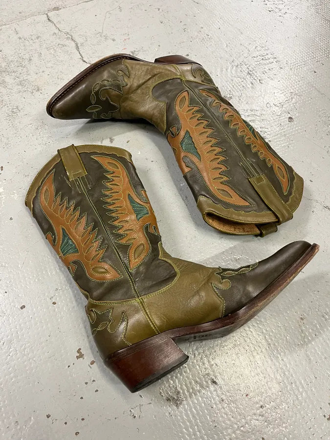 2000s Dolce & Gabbana Khaki Leather Embroidered Cowboy Santiags Boots WgDqEoA 3